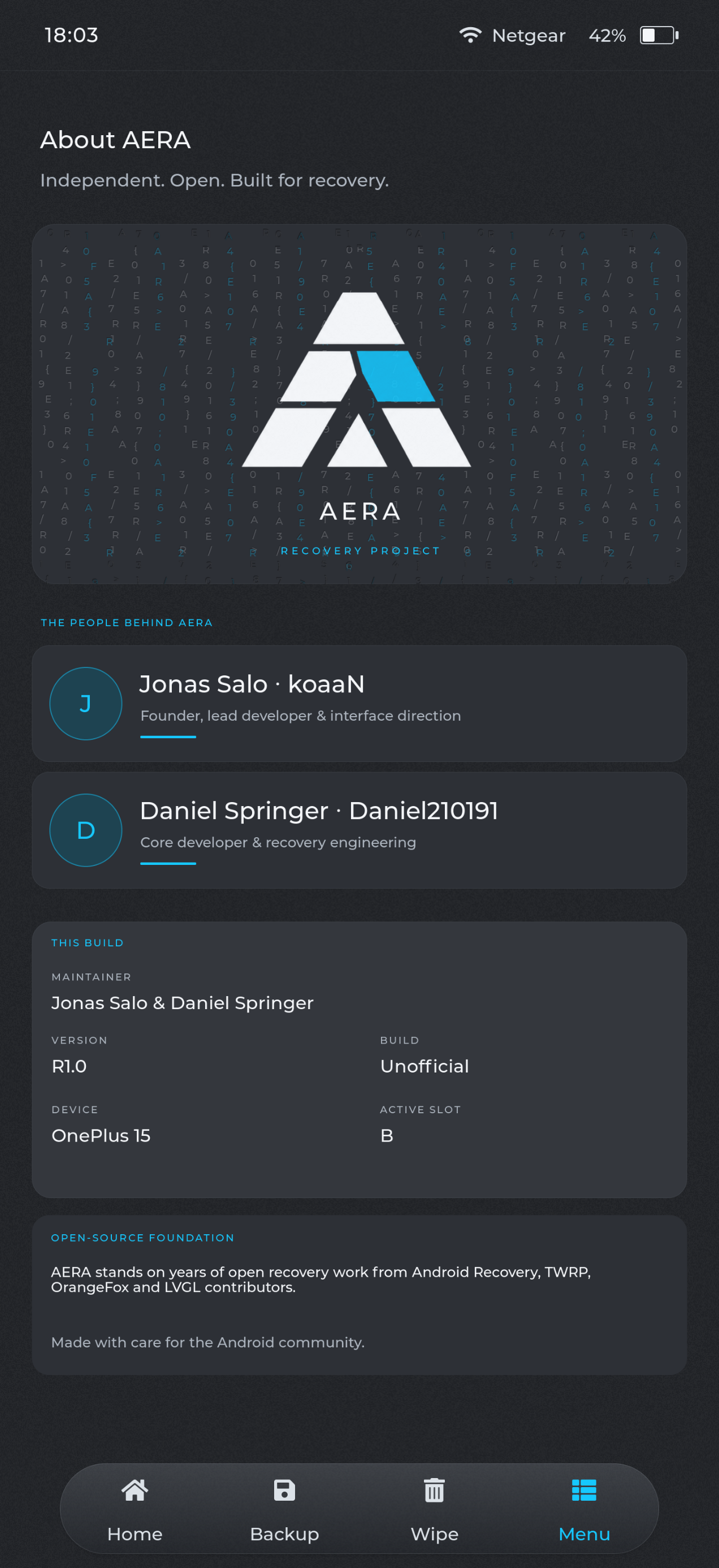 About AERA screen in AERA Recovery