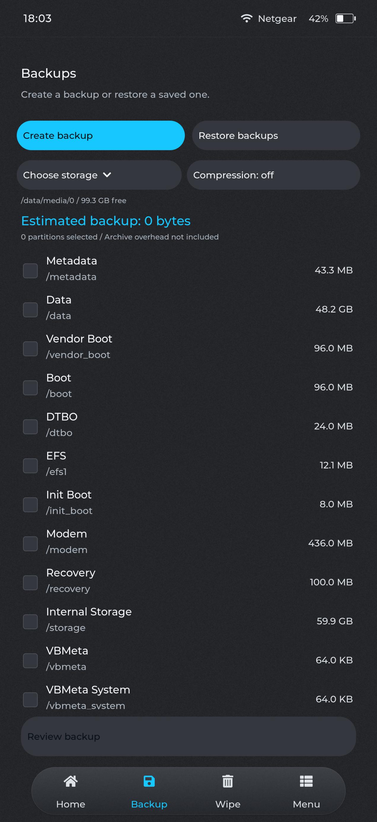 AERA Recovery partition backup screen
