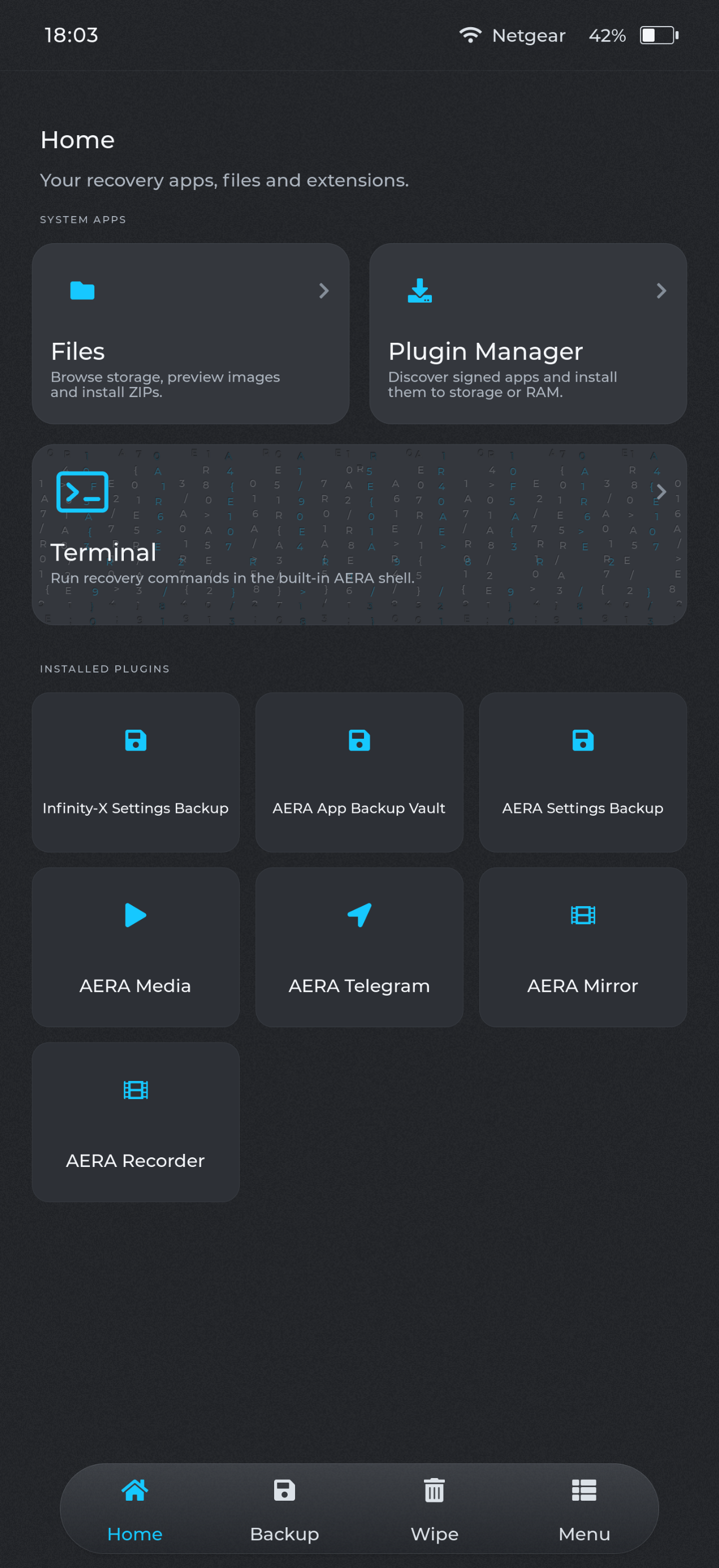 AERA Recovery home screen