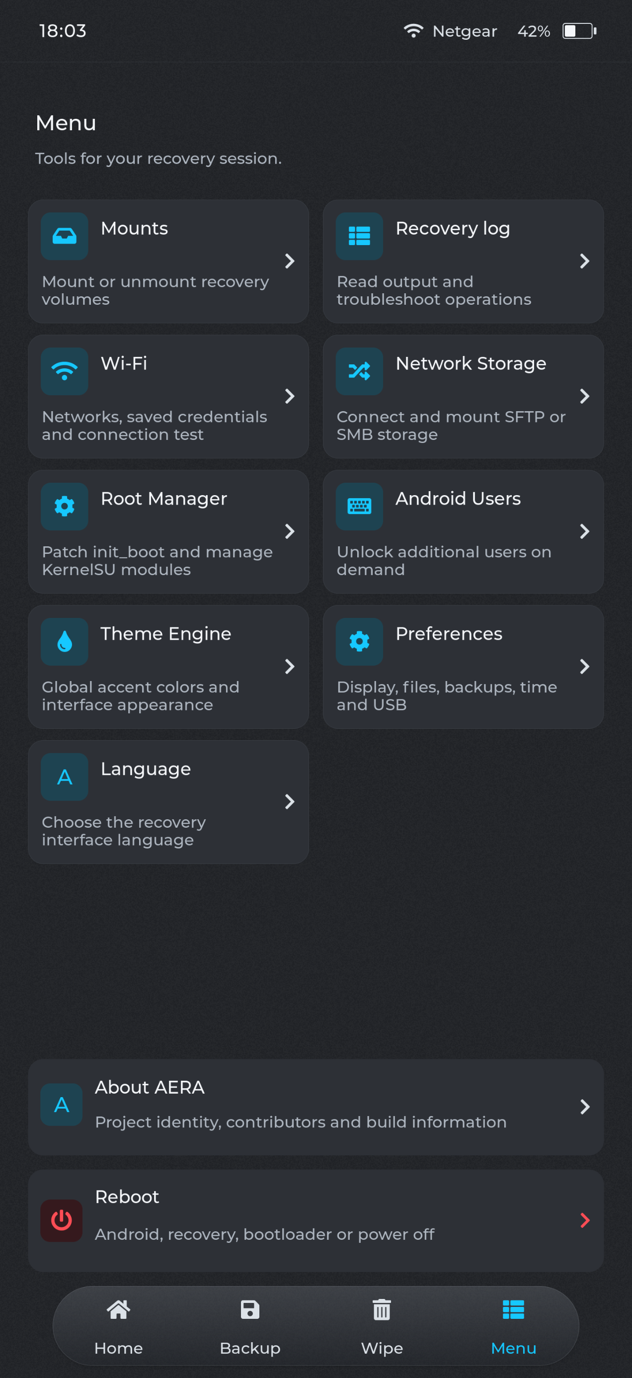 AERA Recovery tools menu