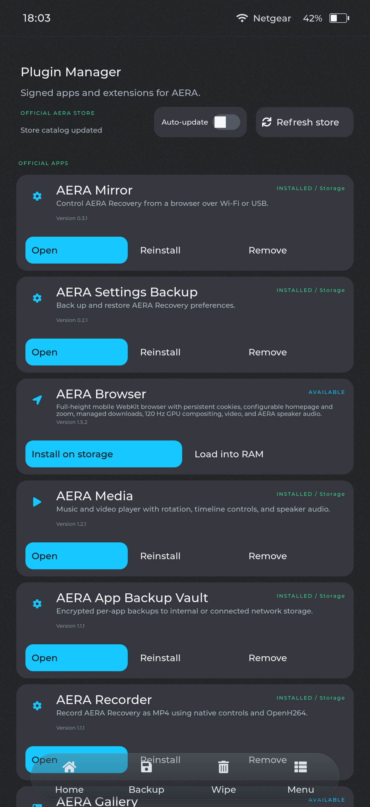 AERA Recovery Plugin Manager with installed and available plugins